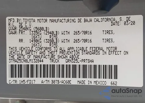 2020 Toyota Tacoma Double Cab/Sr5/Trd Sport/Trd Off Road z USA, uszkodzony, nr VIN 3TMAZ5CN8LM132844